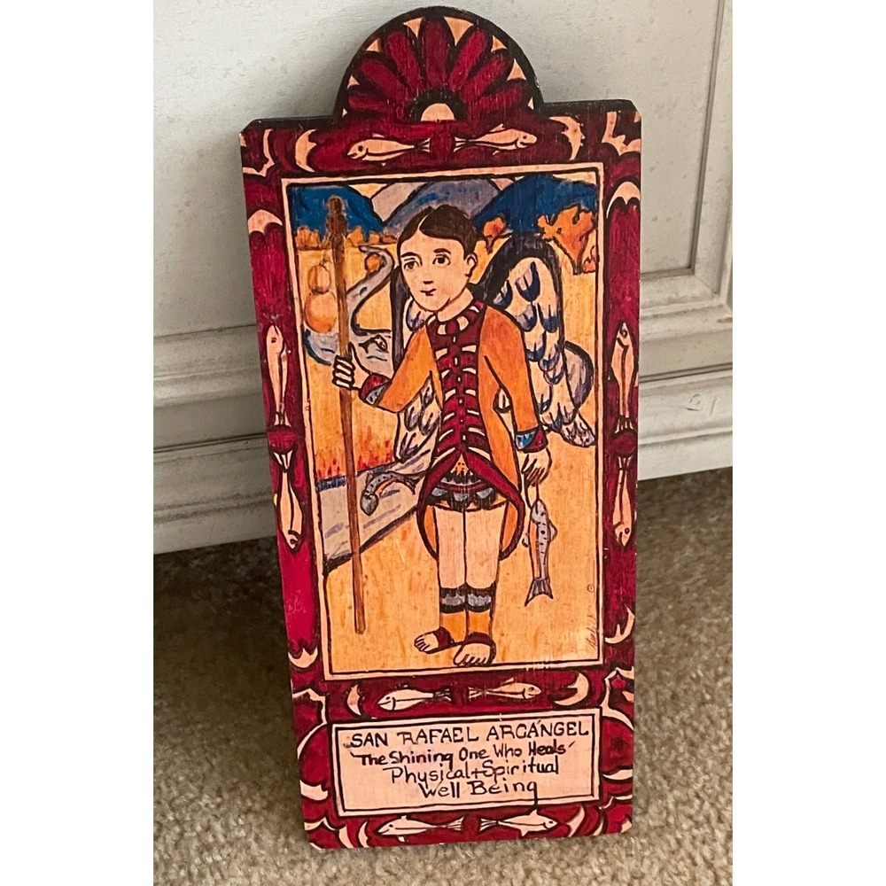 San Rafael Arcángel Archangel Raphael Hand Painted Wood Retablo Folk Art 12.5"